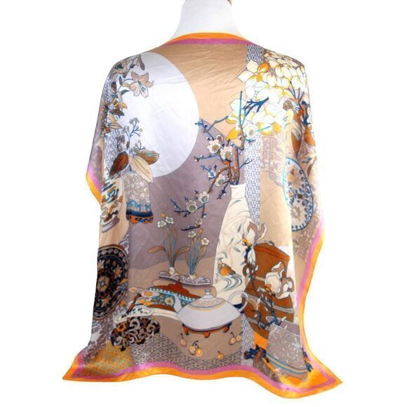 26"x26.5" GOLD BEIGE ORANGE FLORAL PRINT SILK HANDROLLED SCARF SHAWL WRAP (B46 - Picture 2 of 7